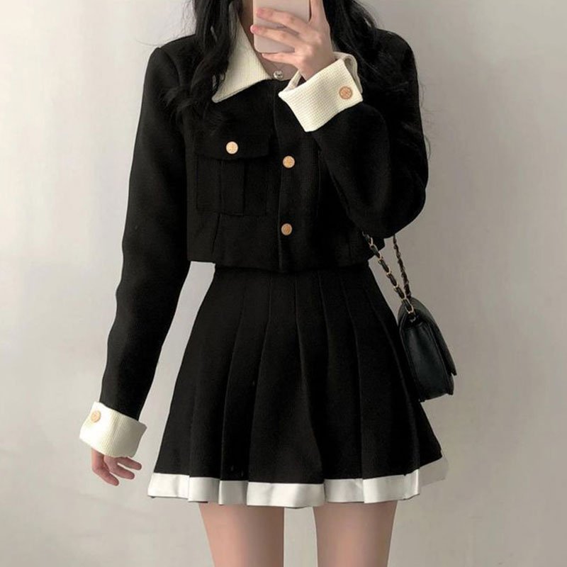 Boutique Wholesale 2024 Autumn New Style Temperament Splicing Lapel Short Jacket High Waist Pleated Skirt Women's Set