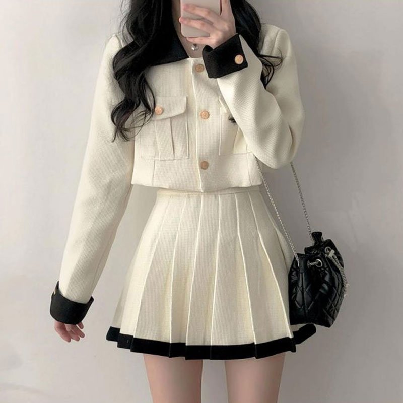 Boutique Wholesale 2024 Autumn New Style Temperament Splicing Lapel Short Jacket High Waist Pleated Skirt Women's Set