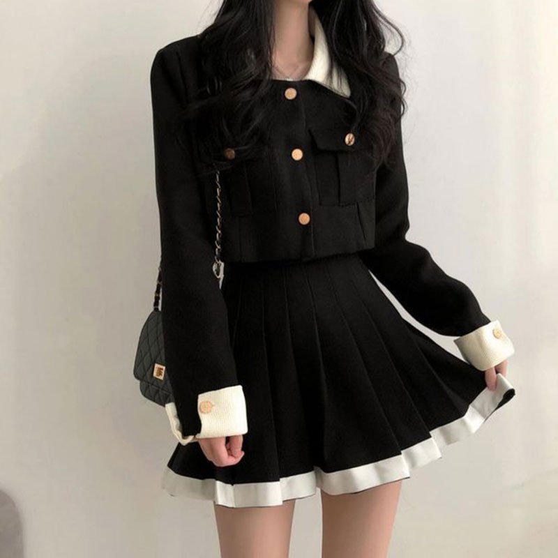 Boutique Wholesale 2024 Autumn New Style Temperament Splicing Lapel Short Jacket High Waist Pleated Skirt Women's Set