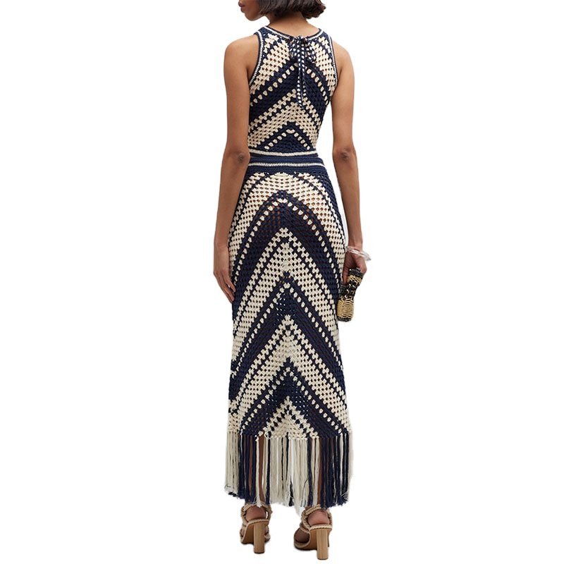 New Arrival Fashion Custom Crocheted Women's Sets High Rise Fringe Maxi Skirt And Sleeveless Back Tie Tank Top Two Pieces Set