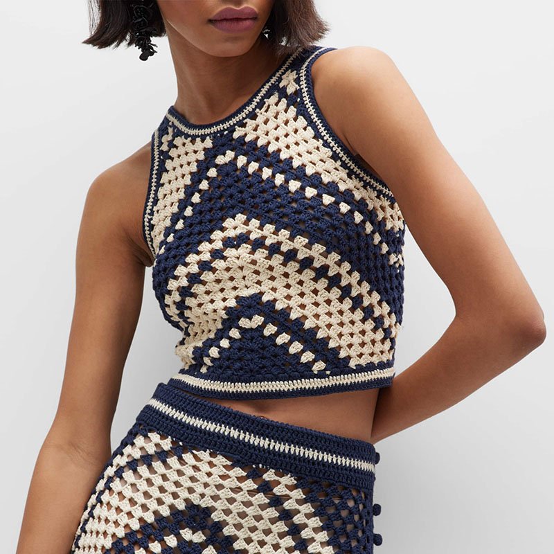 New Arrival Fashion Custom Crocheted Women's Sets High Rise Fringe Maxi Skirt And Sleeveless Back Tie Tank Top Two Pieces Set
