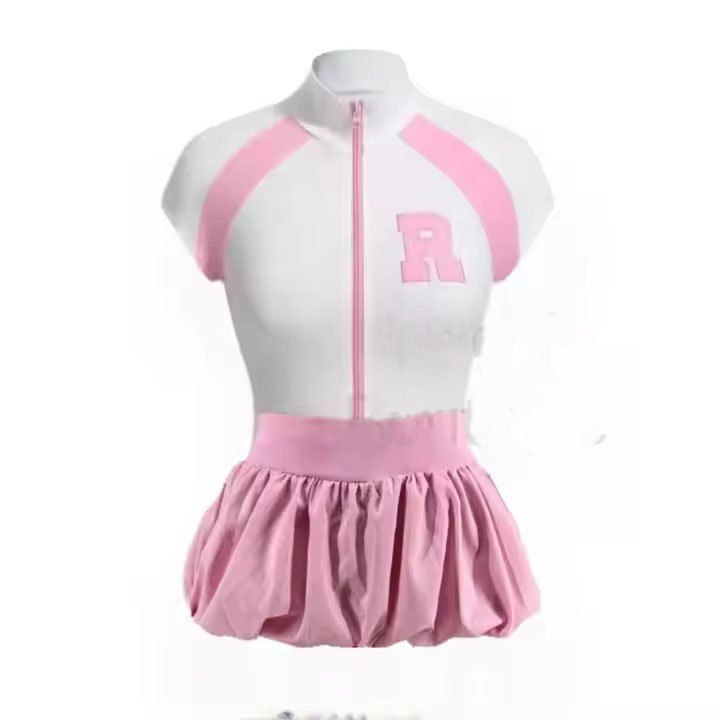 2 piece women's set letter print baseball jacket crop tops and bubble mini skirt casual elegant streetwear outfits