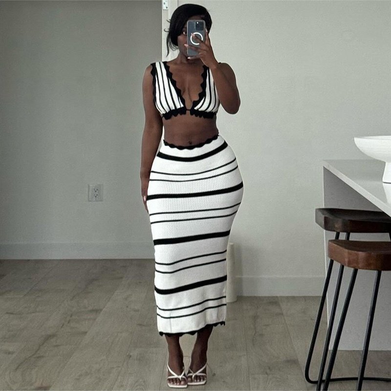 JY summer 2024 striped sleeveless deep V-neck crop top and skirt 2 piece set bodycon knit backless sexy women's set
