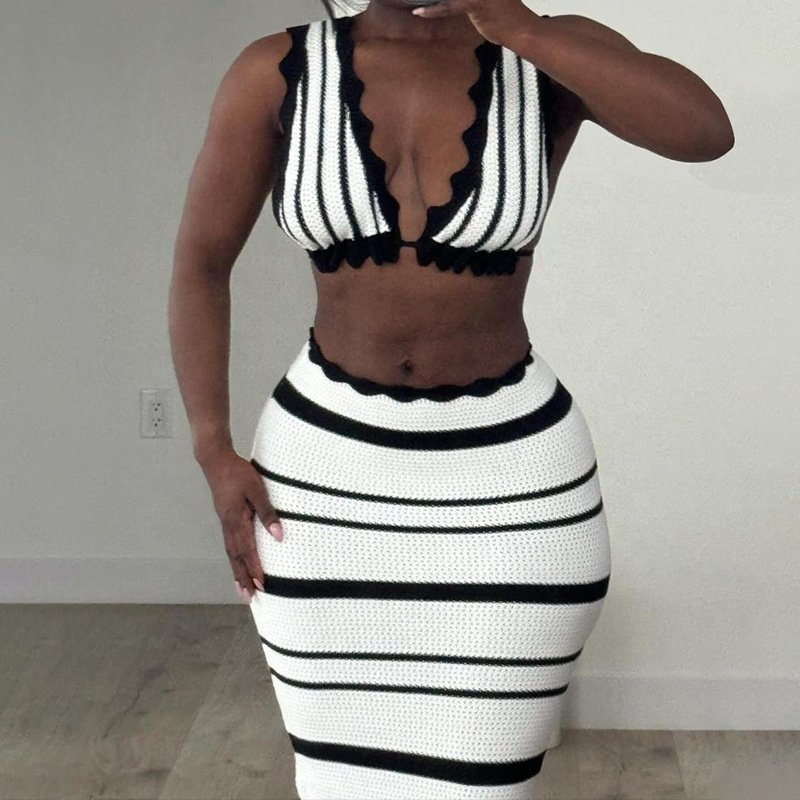 JY summer 2024 striped sleeveless deep V-neck crop top and skirt 2 piece set bodycon knit backless sexy women's set