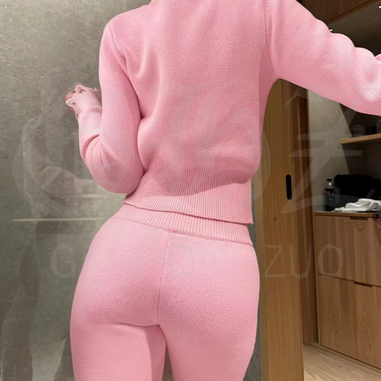 Custom Distressed Pink Knit Zip Hoodies Longer Knit Pants Form-fitting Tracksuit Pants Sets for Women 2 Piece Set