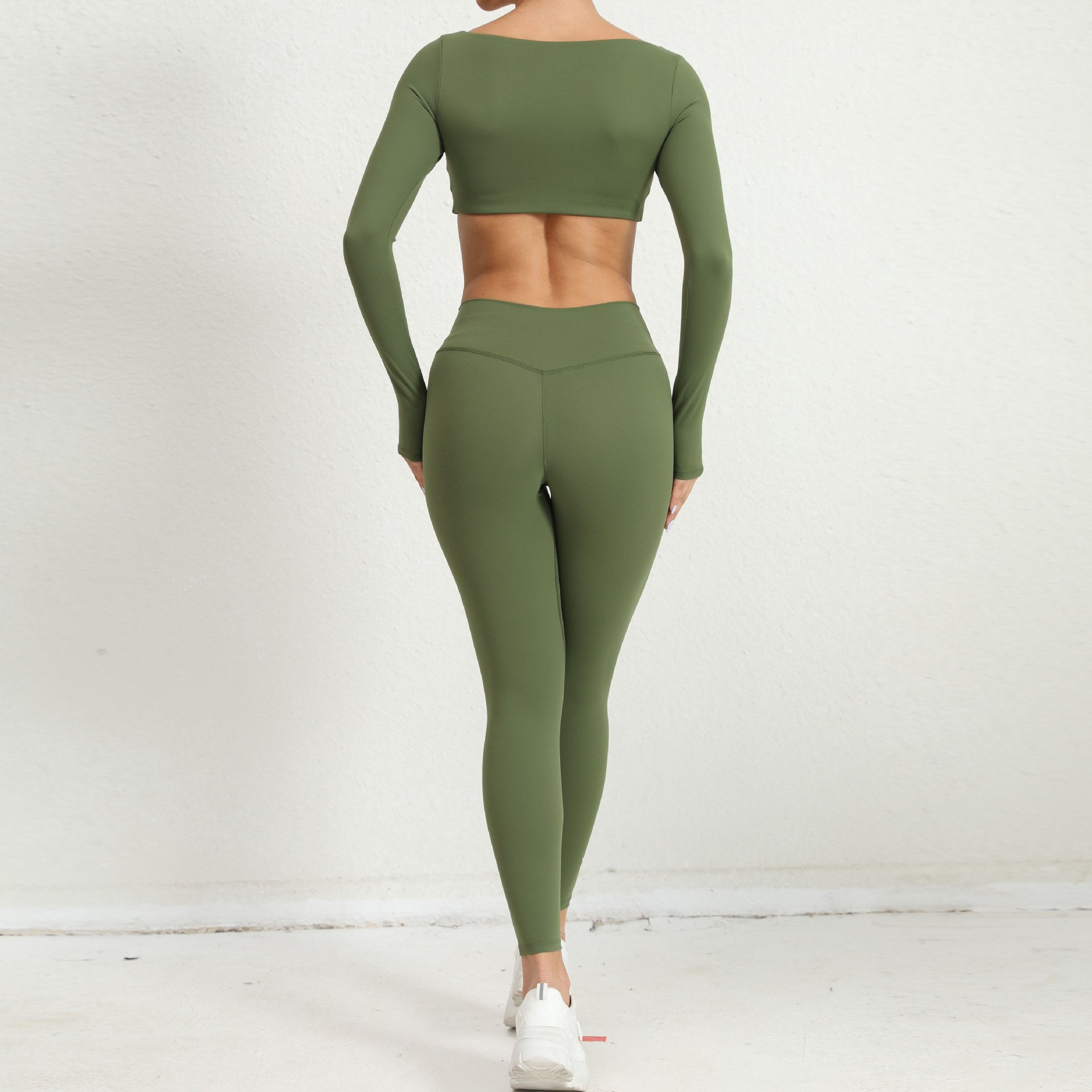 green nylon long sleeves crop top and legging tracksuit two pieces set for women clothing activewear fall 2024 women clothes