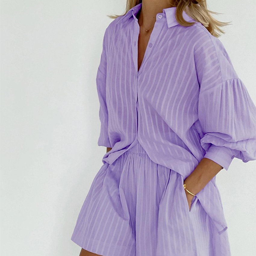 2024 New Arrivals Fashion cotton ribbed Clothing long sleeve blouses shirts two piece shorts Women's Sets