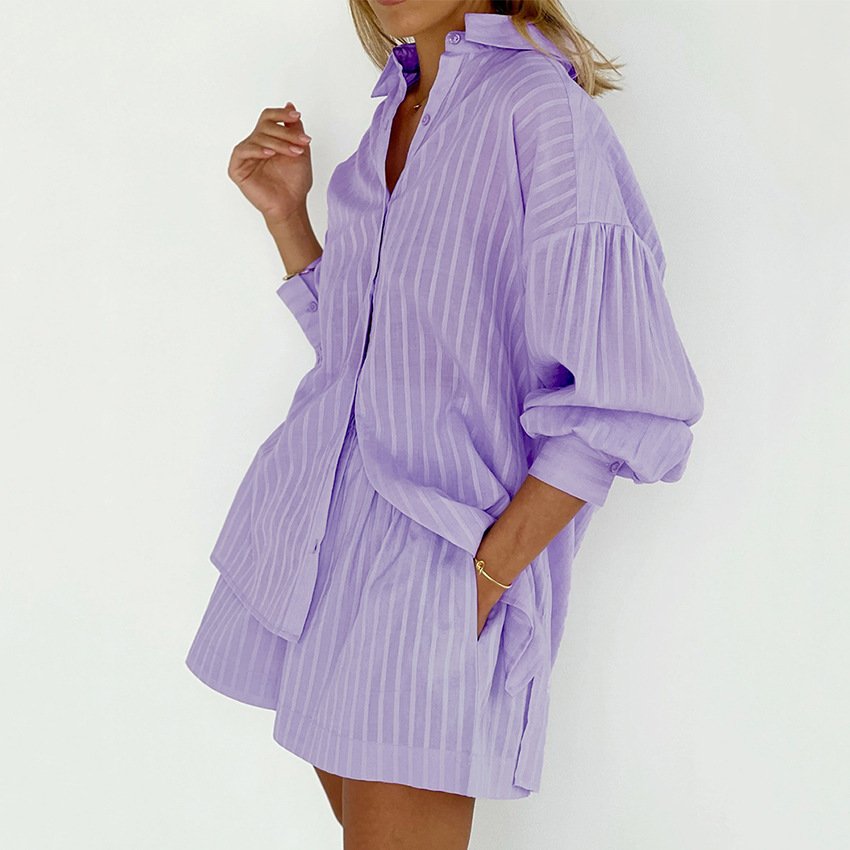 2024 New Arrivals Fashion cotton ribbed Clothing long sleeve blouses shirts two piece shorts Women's Sets