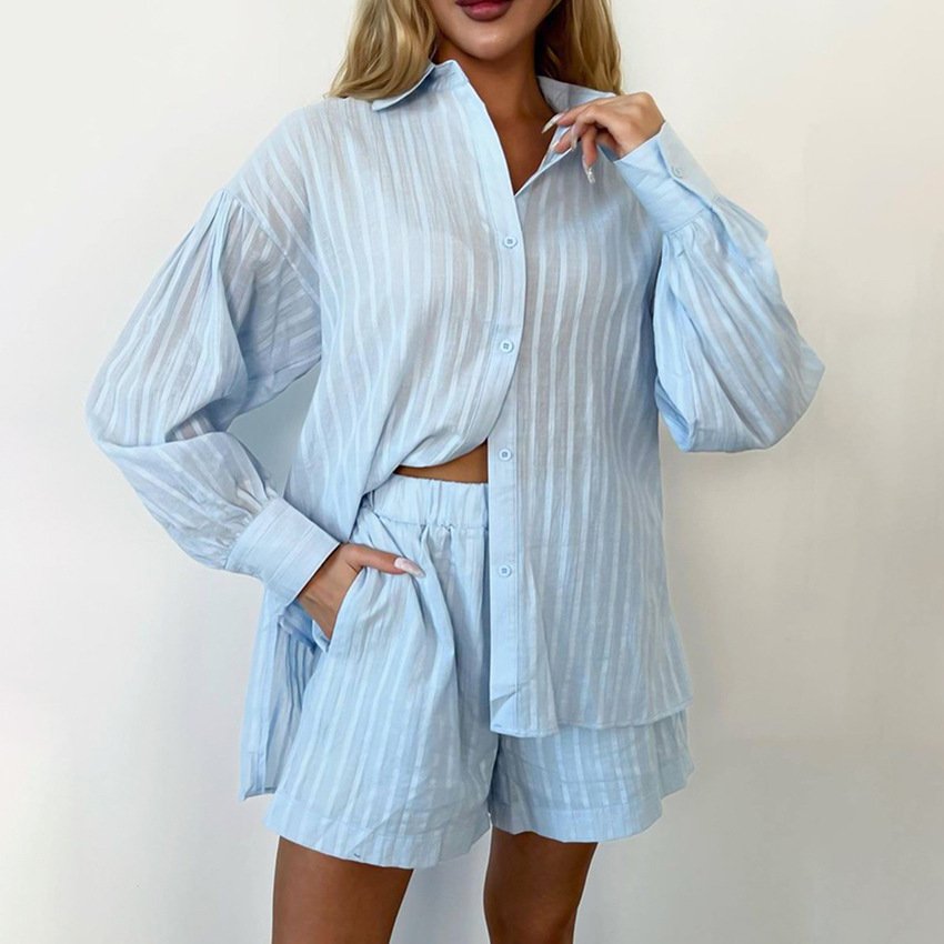 2024 New Arrivals Fashion cotton ribbed Clothing long sleeve blouses shirts two piece shorts Women's Sets