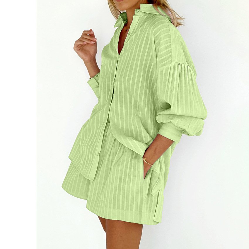 2024 New Arrivals Fashion cotton ribbed Clothing long sleeve blouses shirts two piece shorts Women's Sets