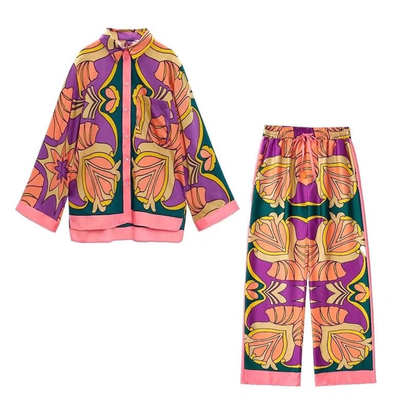 Vintage Sexy Casual Loose Homewear Colorful Floral Print Blouse Long Pant Matching Set Two Piece Pants Set Outfit Fall Set Woman