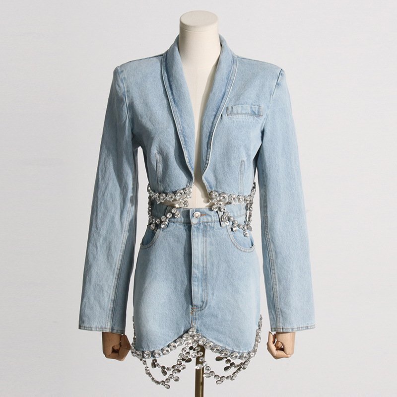 GX6653 Fall Fashion Casual Lady Rhinestone Diamond Chain Sexy Crop Long Sleeve Denim Jacket Mini Skirt Jean 2 Piece Women's Set