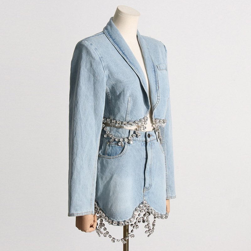 GX6653 Fall Fashion Casual Lady Rhinestone Diamond Chain Sexy Crop Long Sleeve Denim Jacket Mini Skirt Jean 2 Piece Women's Set