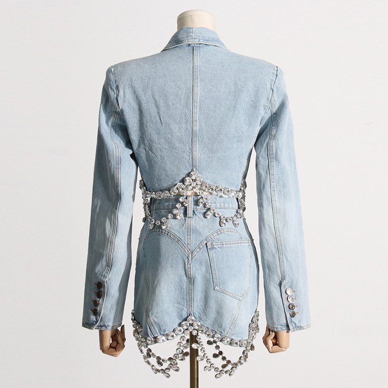 GX6653 Fall Fashion Casual Lady Rhinestone Diamond Chain Sexy Crop Long Sleeve Denim Jacket Mini Skirt Jean 2 Piece Women's Set