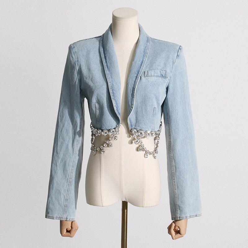 GX6653 Fall Fashion Casual Lady Rhinestone Diamond Chain Sexy Crop Long Sleeve Denim Jacket Mini Skirt Jean 2 Piece Women's Set