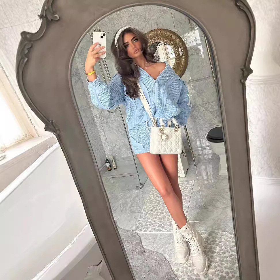 Wholesale designer fashion winter long sleeve two zip up sweater piece set fashion knit shorts 3 piece sets women