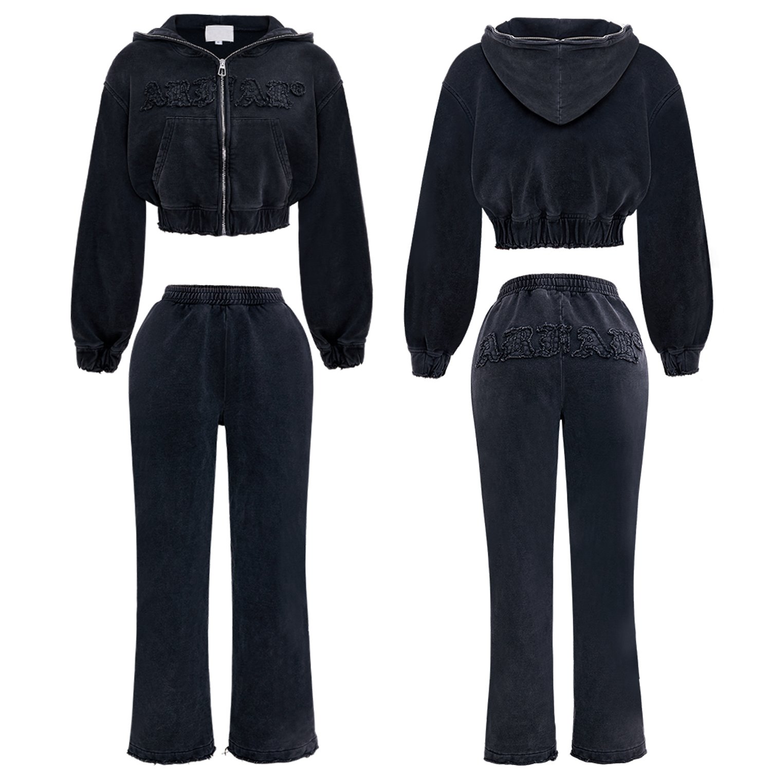 Custom Vintage Oversized 100% Cotton Women's Acid Wash Distressed Hoodie and Straight Leg Pants Women Sweat Suit Sets