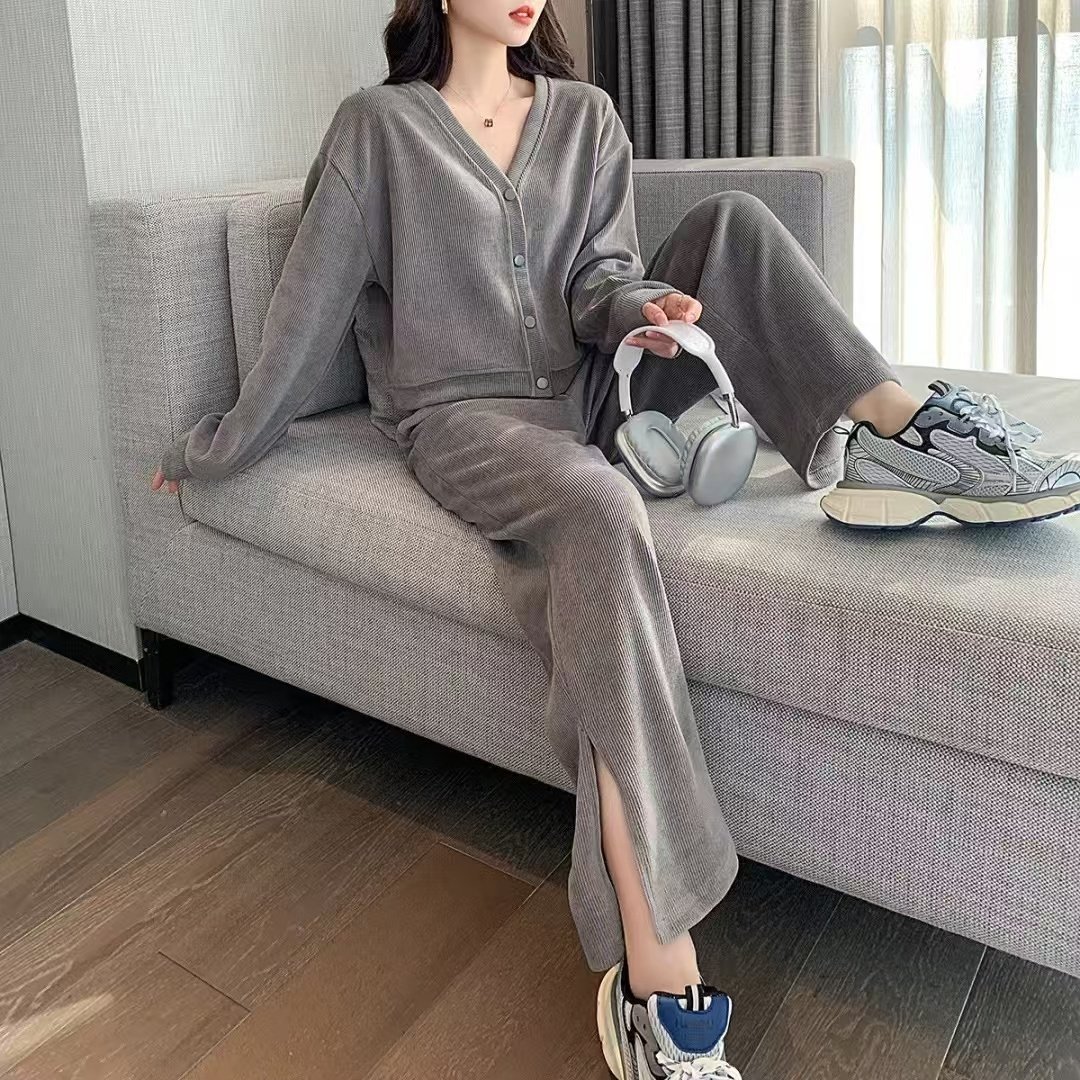 HHY OEM Loungewear Women Sets Two Piece Set Women Clothing Autumn Wide Long Leggings Flared Pants And Top T Shirt Set For Women