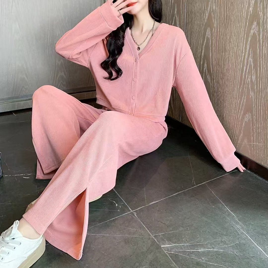 HHY OEM Loungewear Women Sets Two Piece Set Women Clothing Autumn Wide Long Leggings Flared Pants And Top T Shirt Set For Women