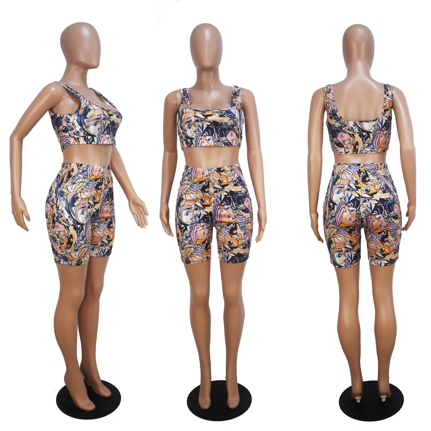 Custom plus size set for women,summer short pants suit,colorful print casual sleeveless 2 Piece Set