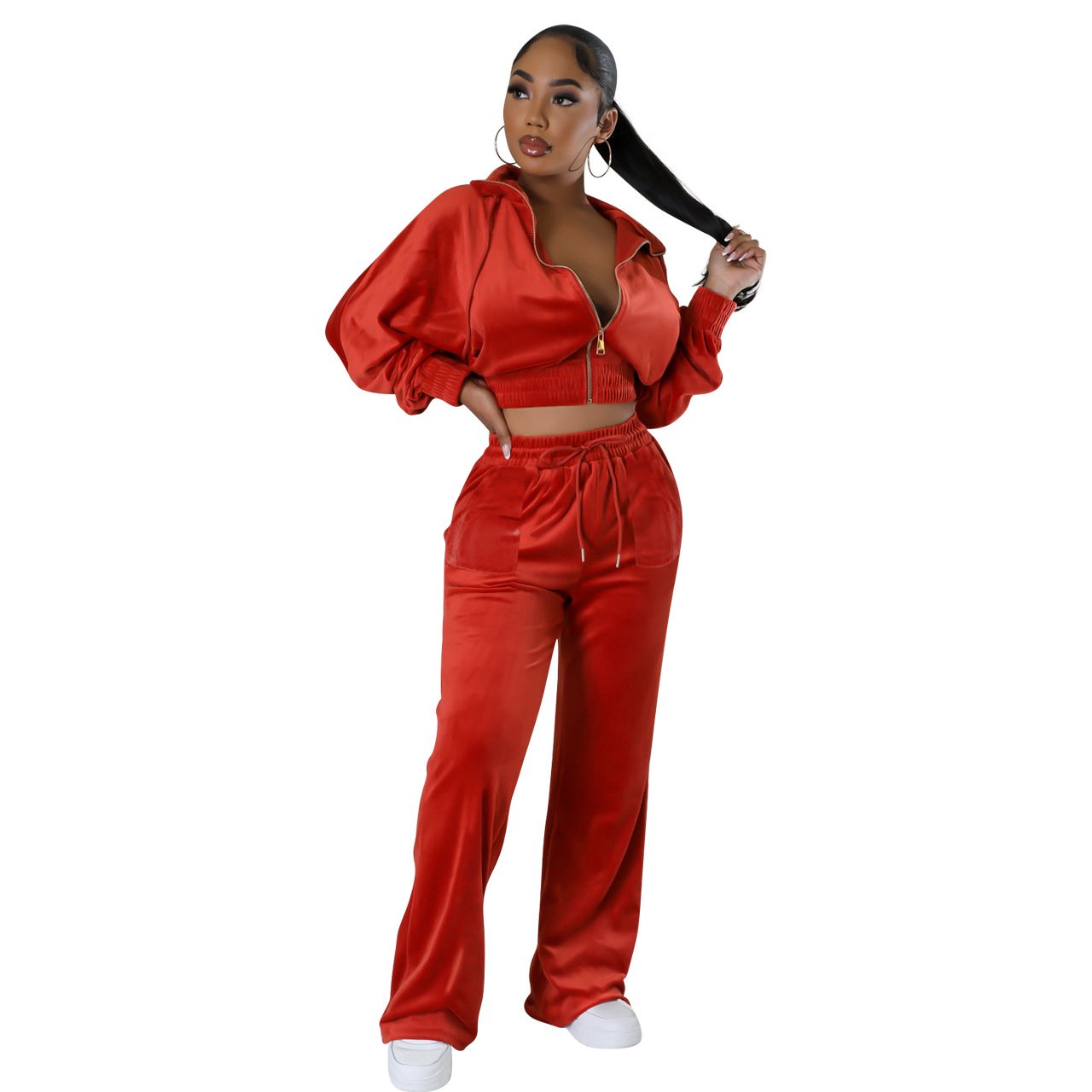 Women Cropped Zipper Hoodie Velour Tracksuits Velvet Set Two Piece Casual Tracksuit Sweatsuit Custom Logo 2 Piece Women'S Sets