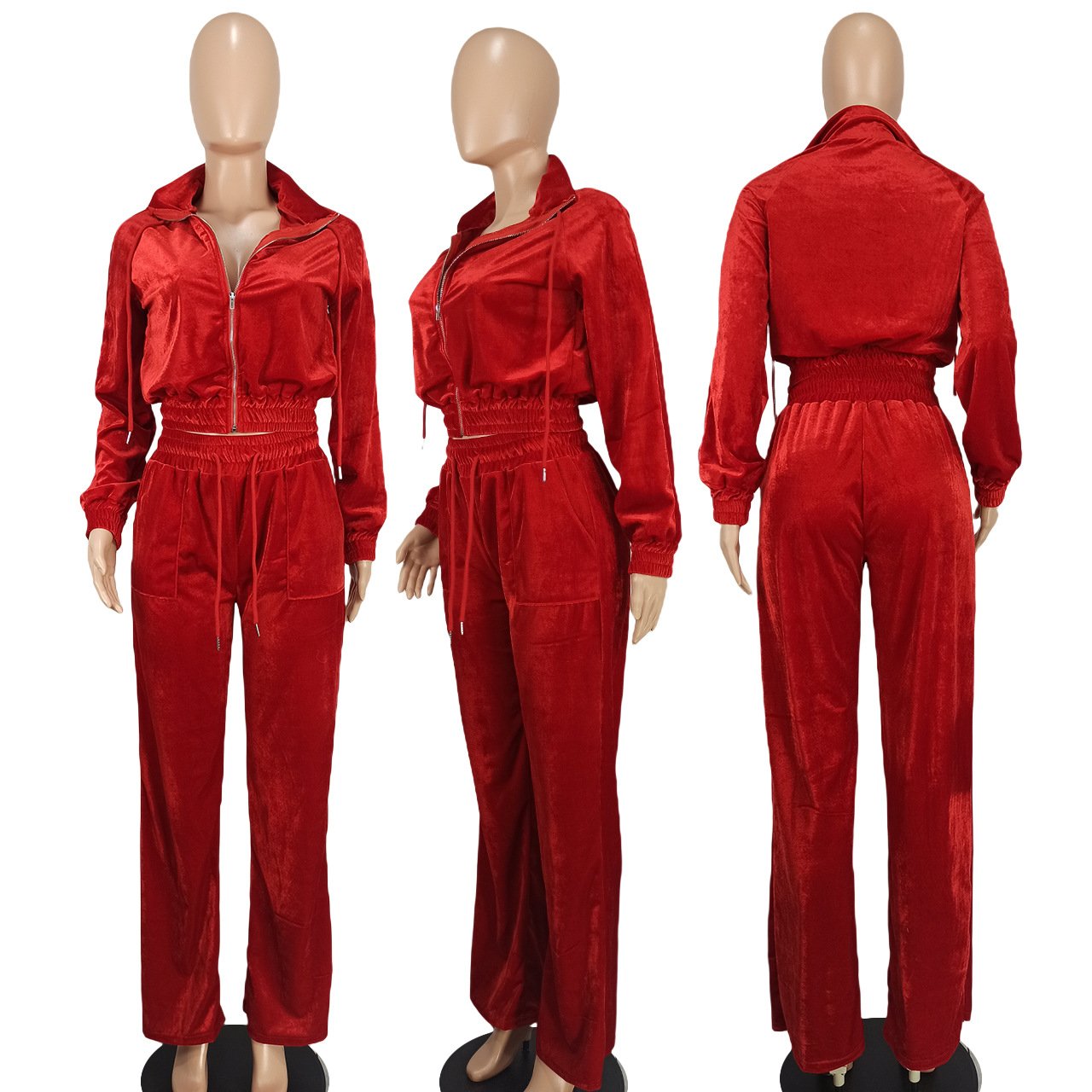 Women Cropped Zipper Hoodie Velour Tracksuits Velvet Set Two Piece Casual Tracksuit Sweatsuit Custom Logo 2 Piece Women'S Sets
