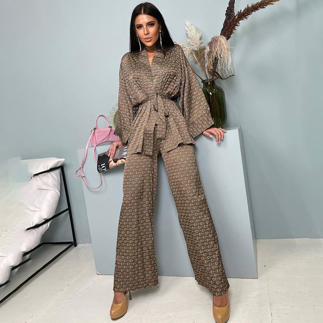 Allover Full Sleeve Loose Belted Wrap Top And Palazzo Pants Fall Satin Pajamas Loungewear Two Piece Set Clothing Women's Sets