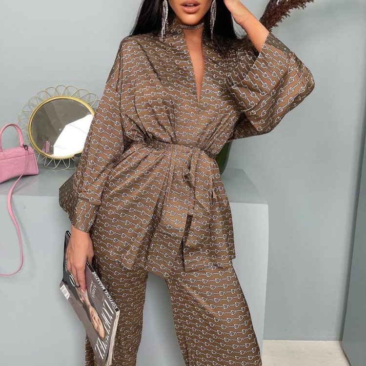 Allover Full Sleeve Loose Belted Wrap Top And Palazzo Pants Fall Satin Pajamas Loungewear Two Piece Set Clothing Women's Sets