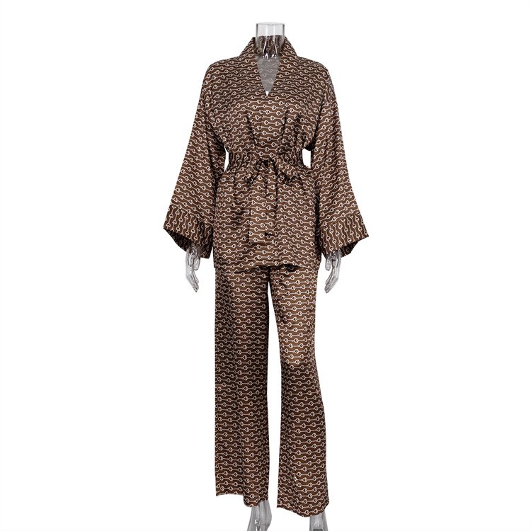 Allover Full Sleeve Loose Belted Wrap Top And Palazzo Pants Fall Satin Pajamas Loungewear Two Piece Set Clothing Women's Sets