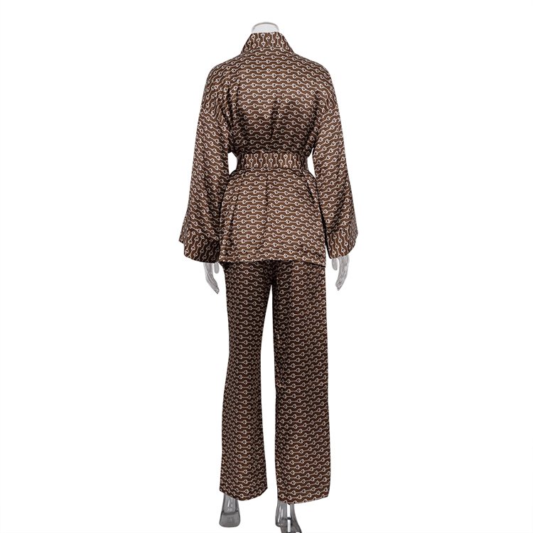 Allover Full Sleeve Loose Belted Wrap Top And Palazzo Pants Fall Satin Pajamas Loungewear Two Piece Set Clothing Women's Sets
