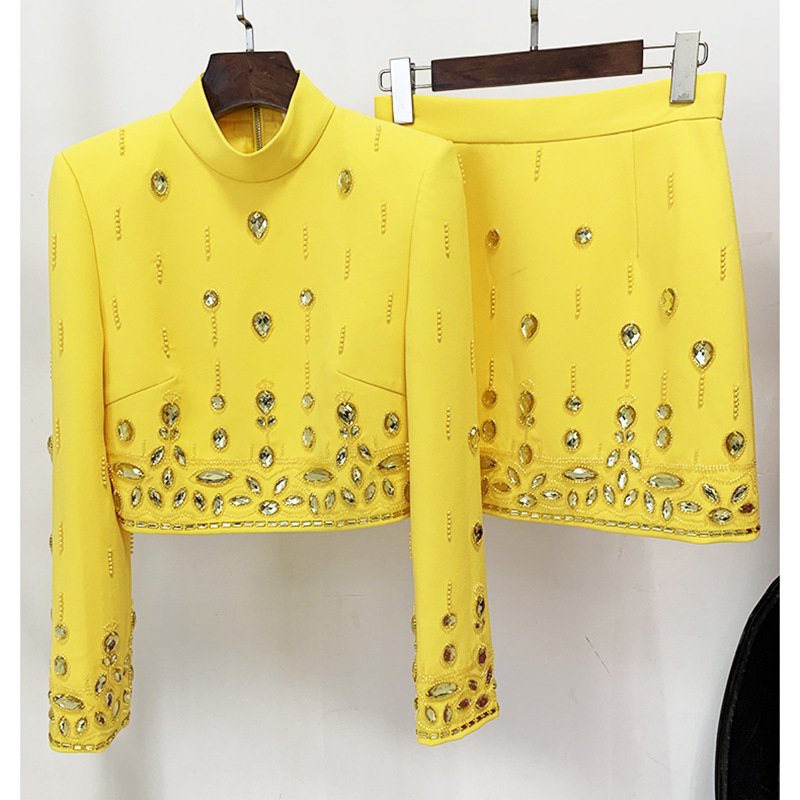 Boutique Wholesale 2024 Autumn New Fashion Nail Bead Inlaid Diamond Short Top Half Skirt Women's Set