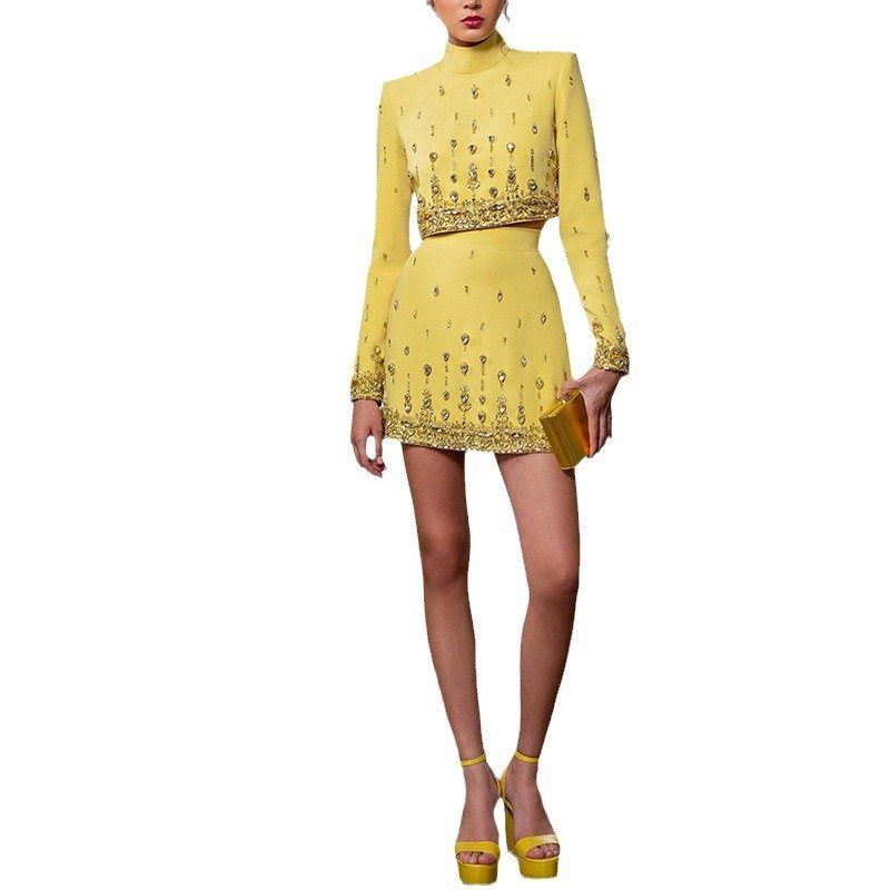 Boutique Wholesale 2024 Autumn New Fashion Nail Bead Inlaid Diamond Short Top Half Skirt Women's Set