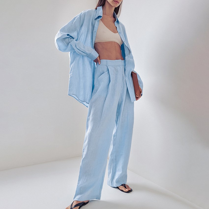 Boutique Wholesale 2024 Summer Loose Cotton Linen Simple Long Sleeved Shirt Long Pants Casual Women's Set