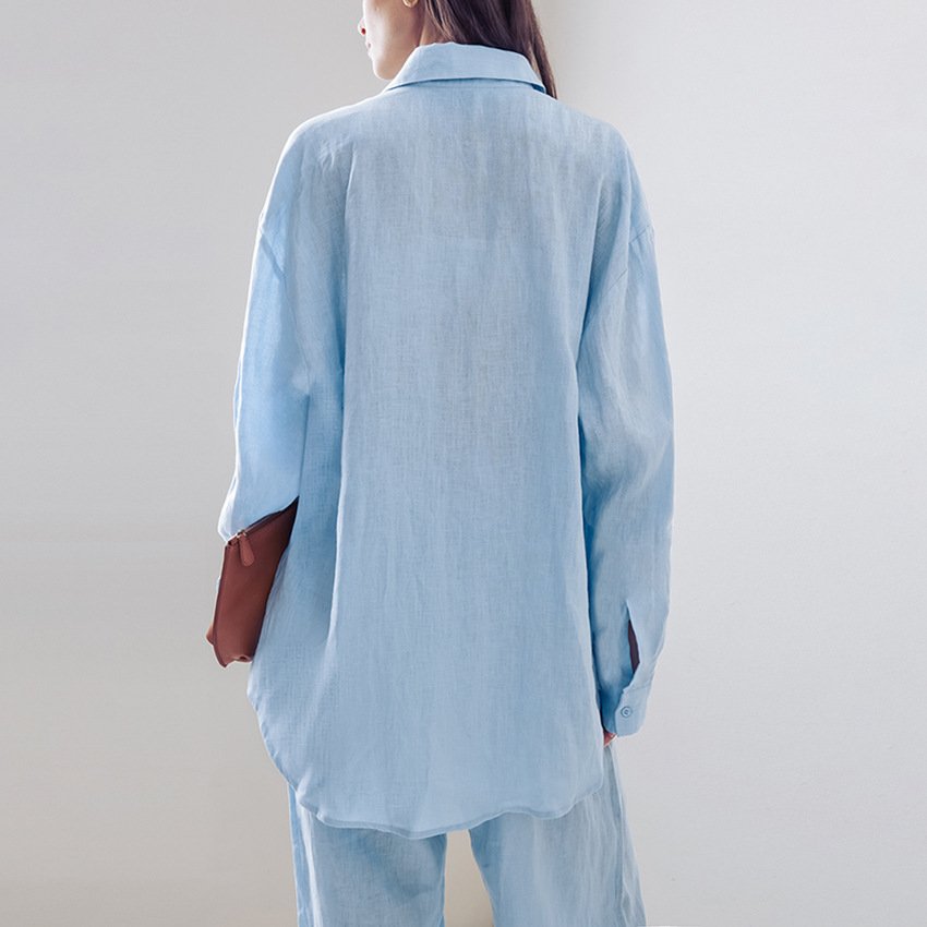 Boutique Wholesale 2024 Summer Loose Cotton Linen Simple Long Sleeved Shirt Long Pants Casual Women's Set