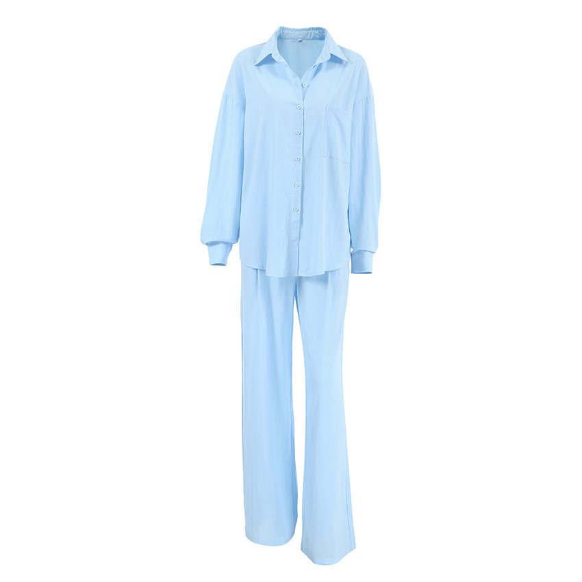 Boutique Wholesale 2024 Summer Loose Cotton Linen Simple Long Sleeved Shirt Long Pants Casual Women's Set
