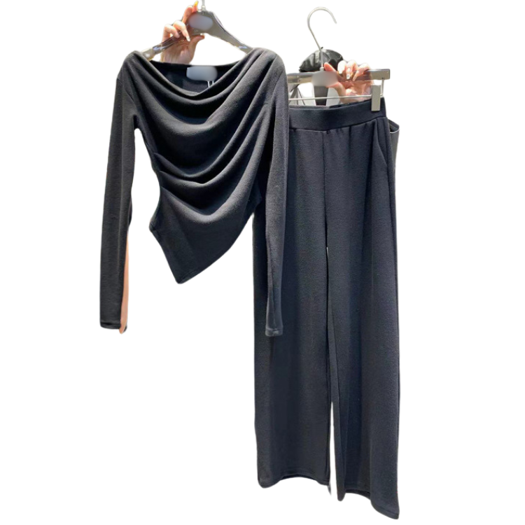 Wholesale 2024 Spring New Solid Color Irregular Waist T-shirt High Waist Loose Straight Leg Casual Pants Women's Set