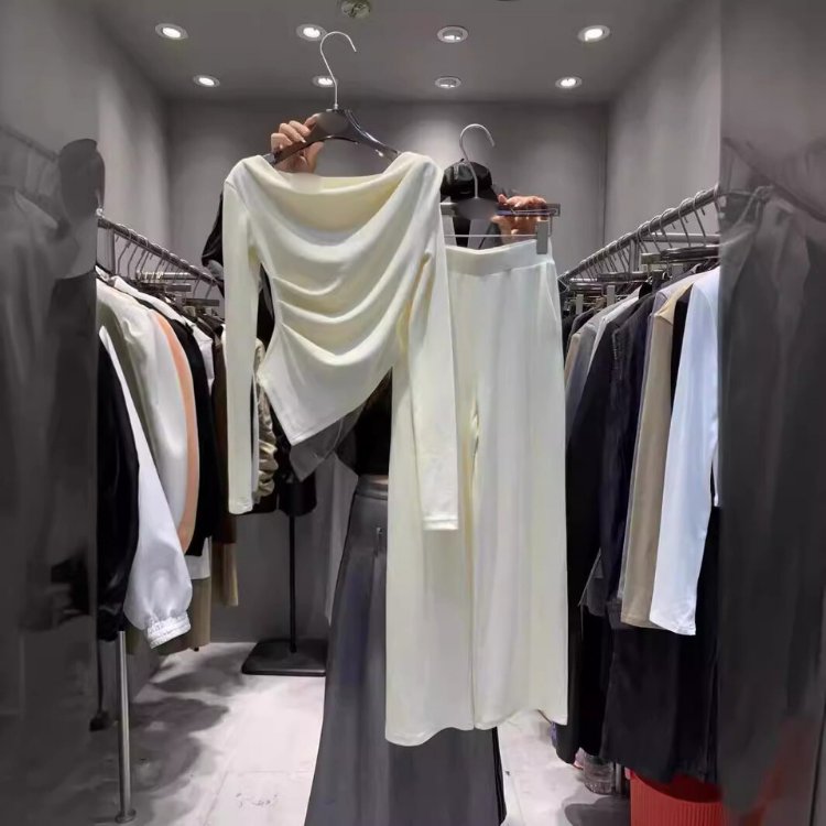 Wholesale 2024 Spring New Solid Color Irregular Waist T-shirt High Waist Loose Straight Leg Casual Pants Women's Set