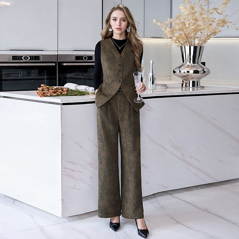 Custom Autumn and Spring New Round Neck Long Sleeves Tops Vest Jacket Long Pants Three Piece Set women's sets women's clothing