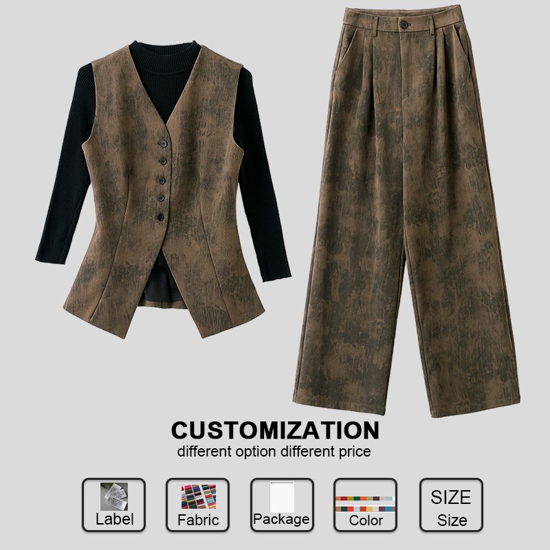 Custom Autumn and Spring New Round Neck Long Sleeves Tops Vest Jacket Long Pants Three Piece Set women's sets women's clothing