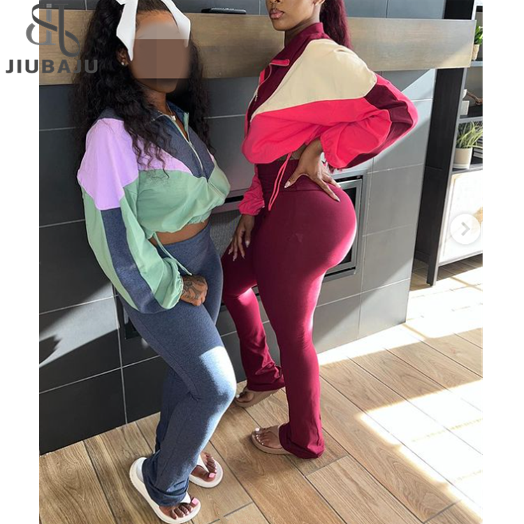 Autumn Sport Casual Women's Set Zip Long Sleeve Drawstring Crop Sweatshirt Top Pants Tracksuits Street Outfits