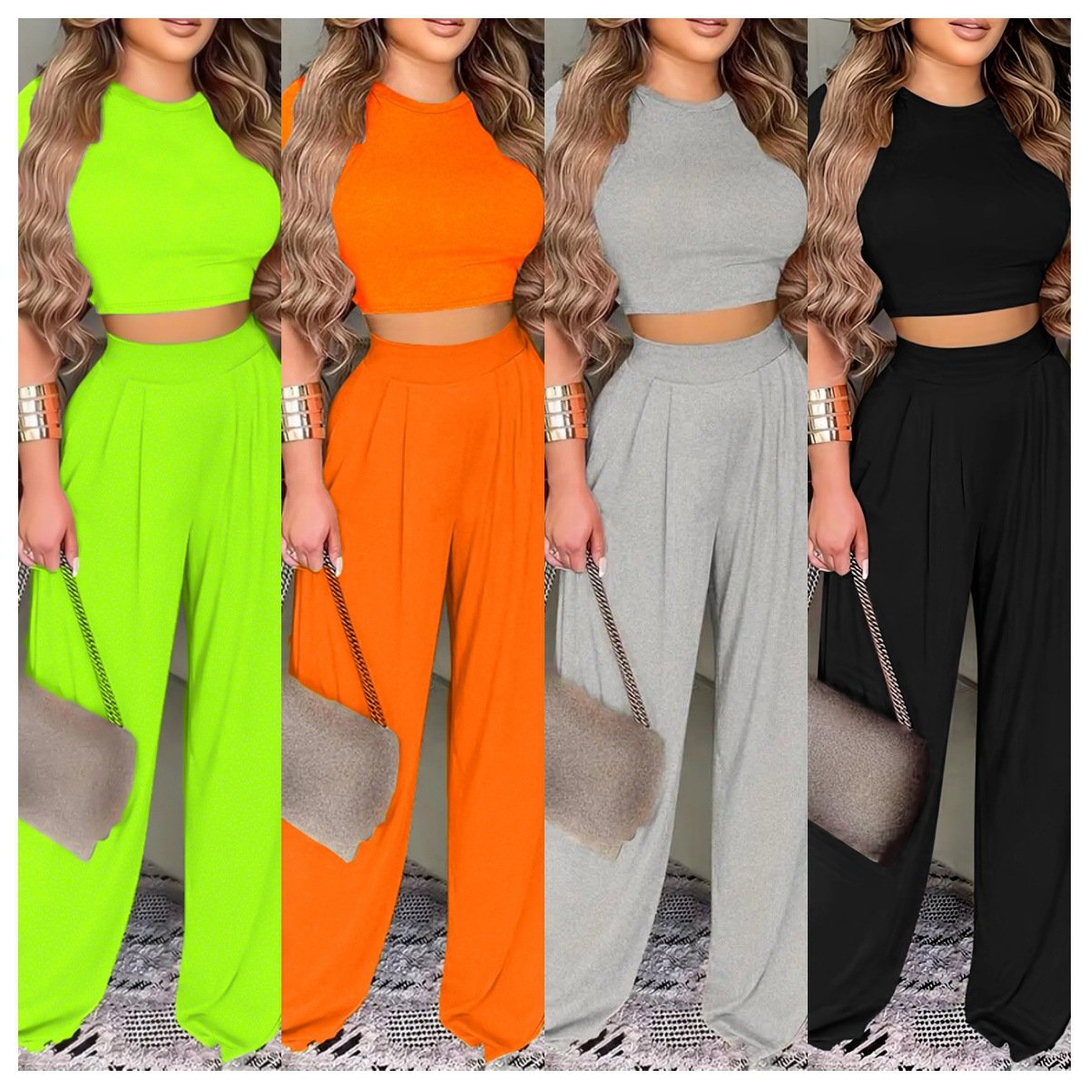 High quality two piece set women clothing loungewear flare pant tee-shirt crop top wide legs pant set women