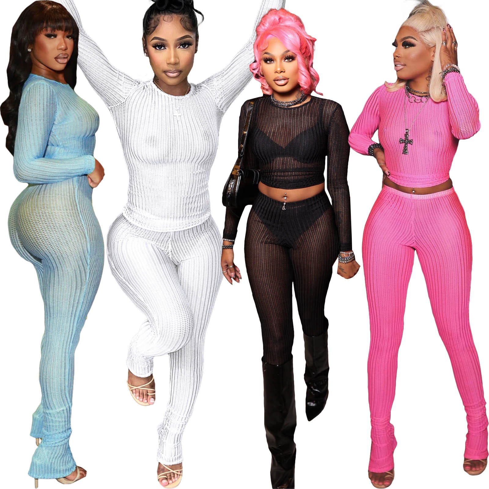 FS15124D knitted hollow out long sleeve crop tops mesh pants casual women's set