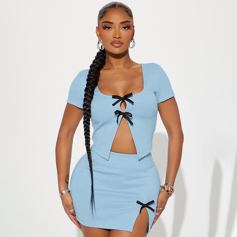 Bomblook D24ST269 Patchwork Women's Sets Sexy Bow Crop Top With Slit Skirt 2 Piece Set Women Summer Streetwear