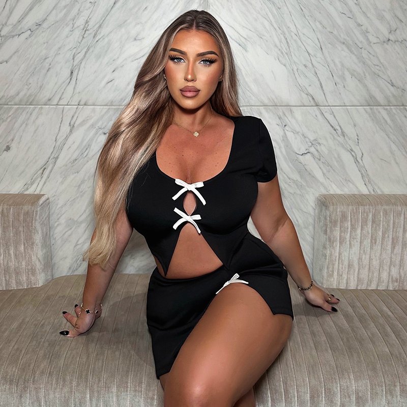 Bomblook D24ST269 Patchwork Women's Sets Sexy Bow Crop Top With Slit Skirt 2 Piece Set Women Summer Streetwear
