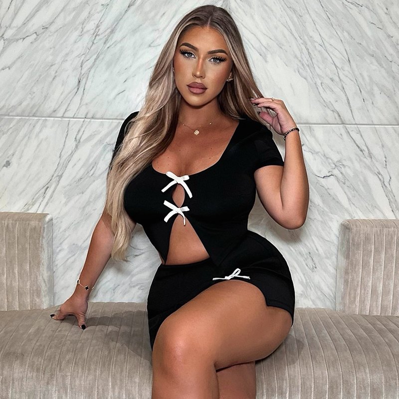 Bomblook D24ST269 Patchwork Women's Sets Sexy Bow Crop Top With Slit Skirt 2 Piece Set Women Summer Streetwear