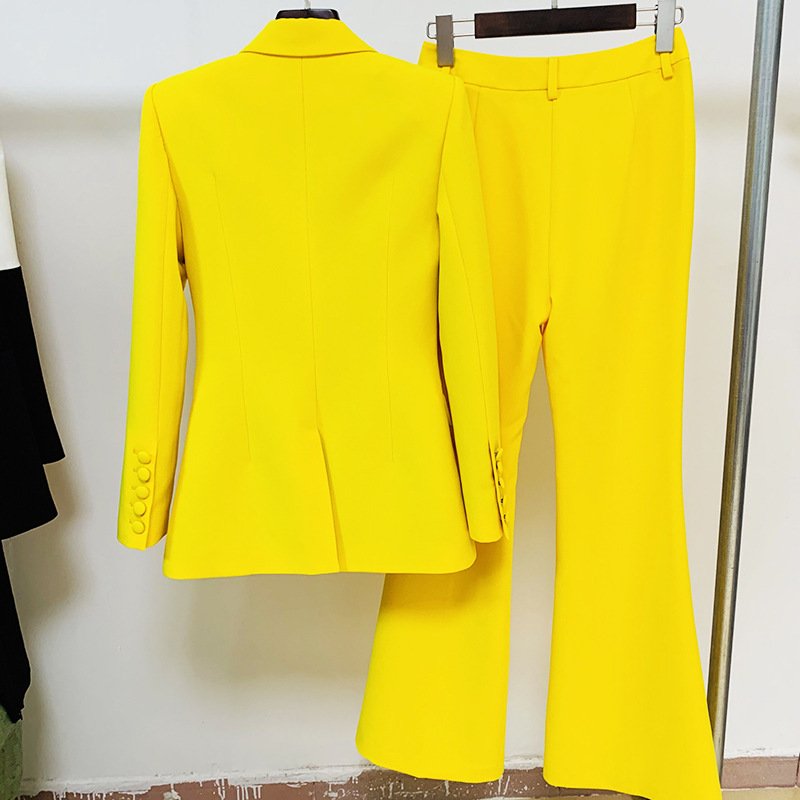 Ready to ship or customized fashion official single button yellow color womens blazer sets(blazer+pants suits)