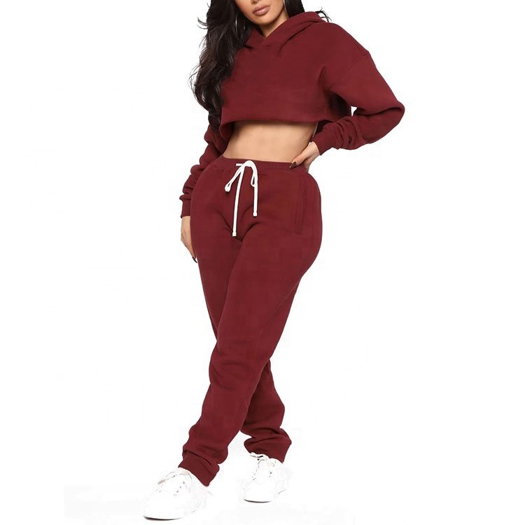 Two Piece Custom Logo Short Women Pullover Long Sleeve Jumper Puff Half Crop Hoodie Pants Set