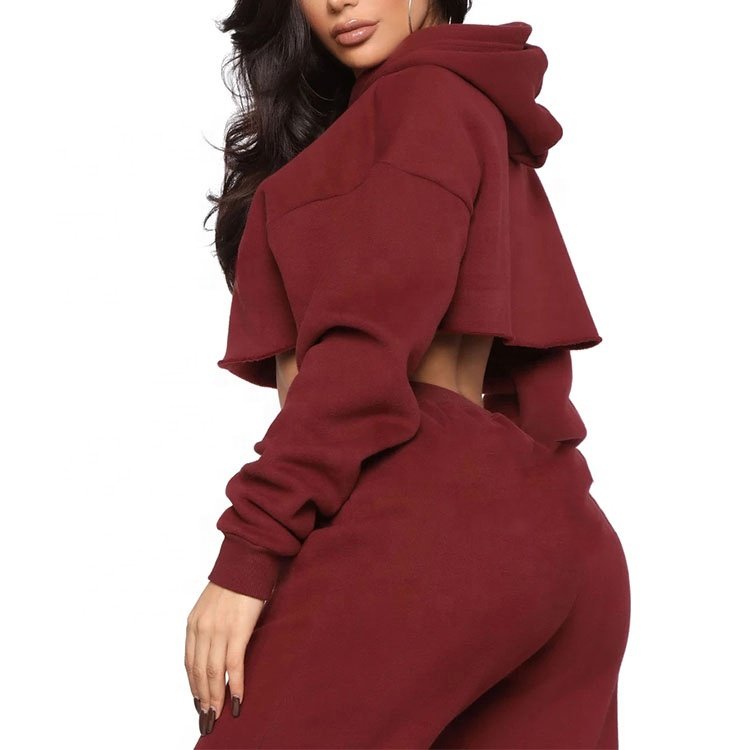 Two Piece Custom Logo Short Women Pullover Long Sleeve Jumper Puff Half Crop Hoodie Pants Set