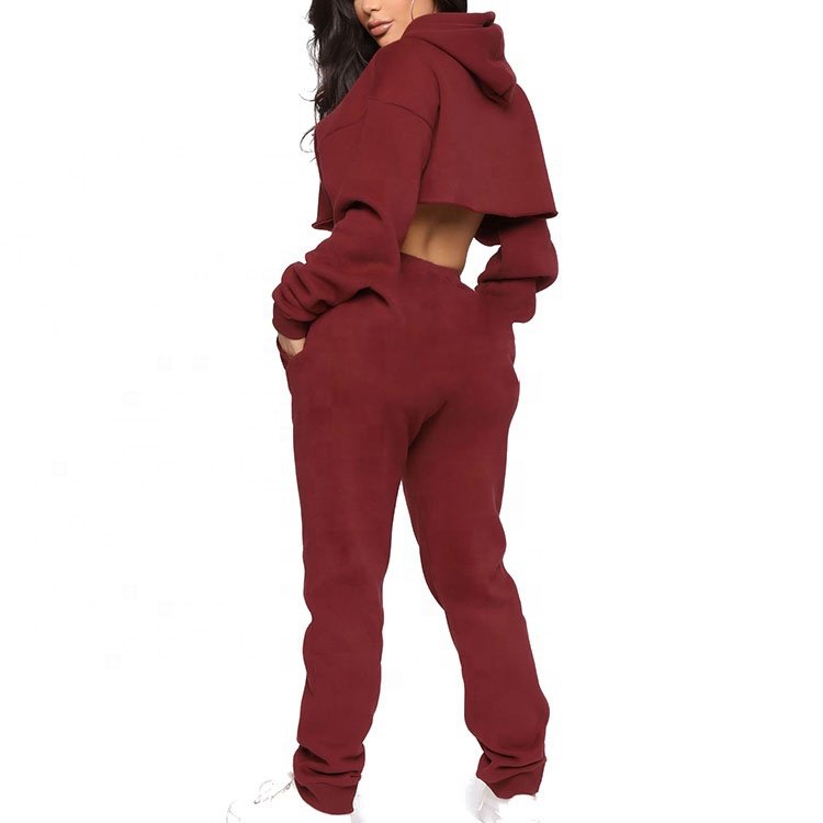 Two Piece Custom Logo Short Women Pullover Long Sleeve Jumper Puff Half Crop Hoodie Pants Set