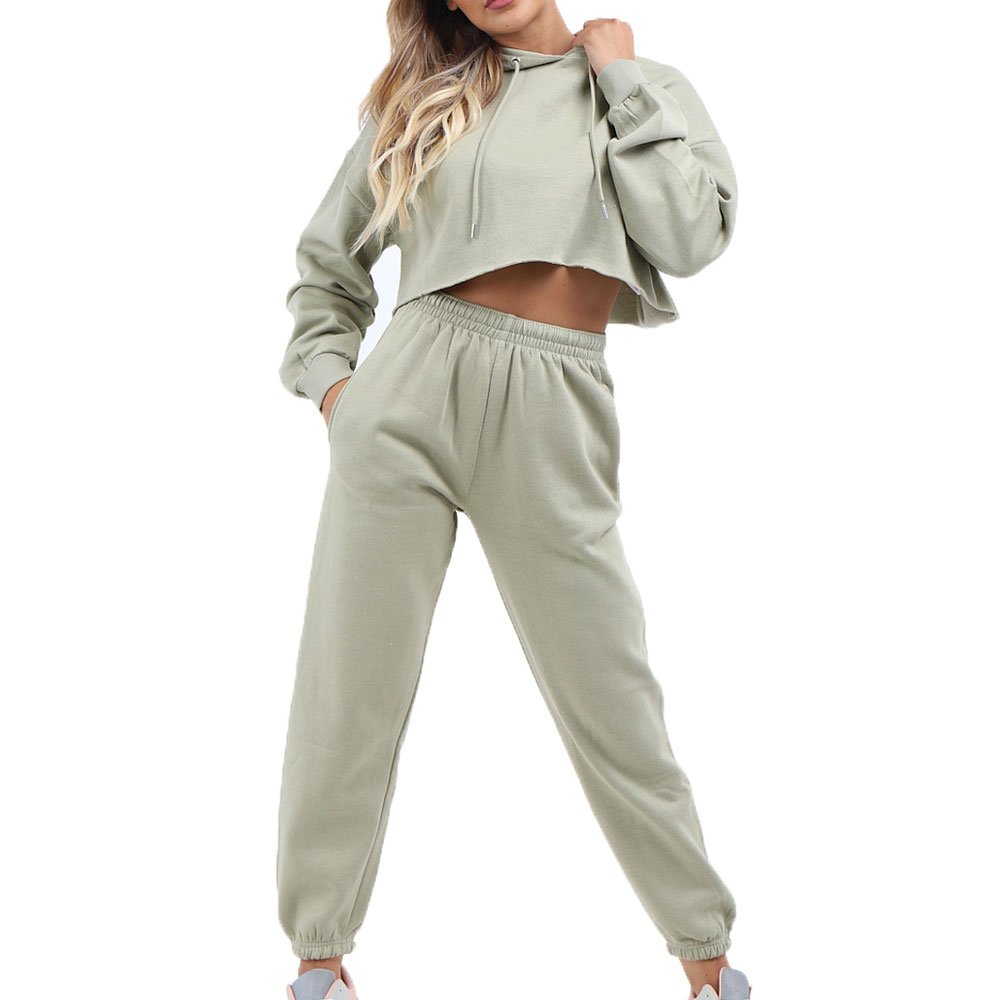 Two Piece Custom Logo Short Women Pullover Long Sleeve Jumper Puff Half Crop Hoodie Pants Set